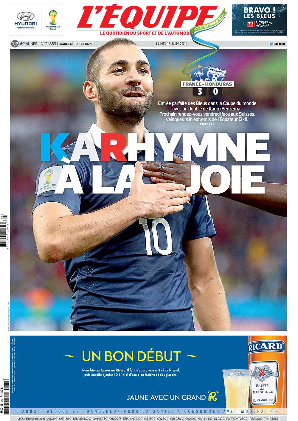 L' Equipe du lundi 16 juin 2014